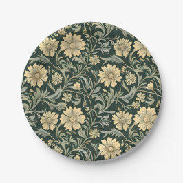 Prato De Papel Padrão de flores amarelas estilizadas em verde esc