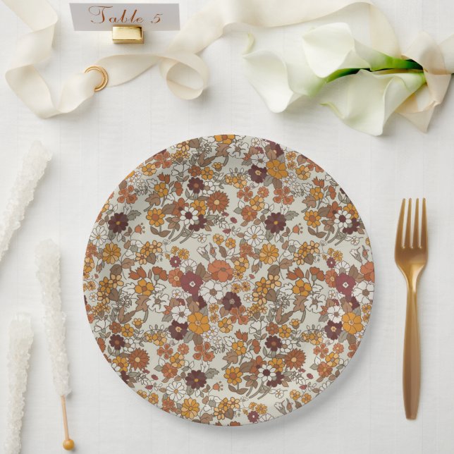Prato De Papel Padrão de Flores de Boho Retro (Casamento)