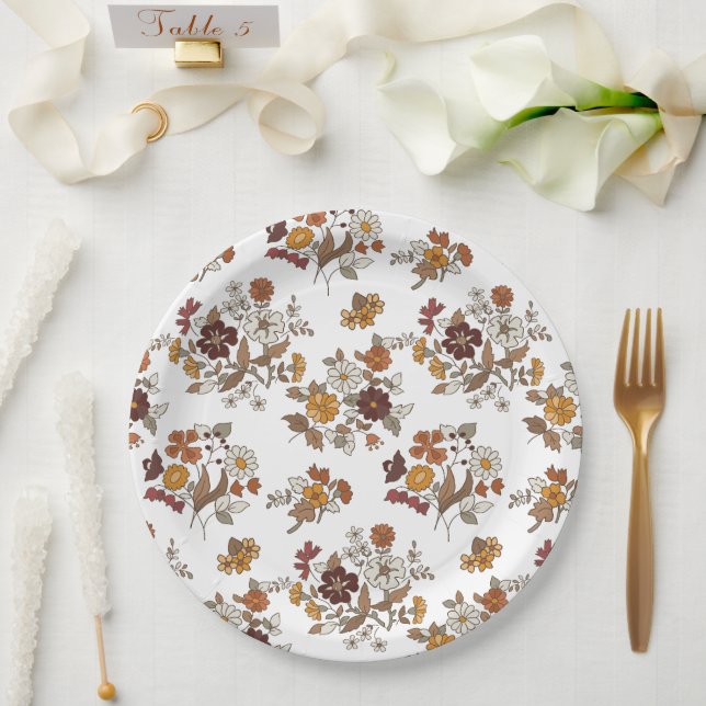 Prato De Papel Padrão de Flores de Boho Retro (Casamento)