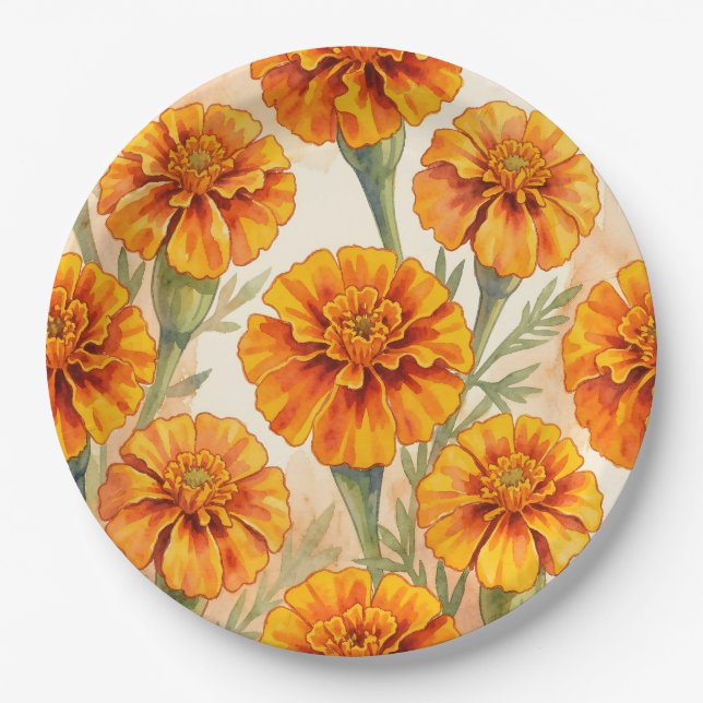 Prato De Papel Padrão de flores de calêndula laranja (Frente)