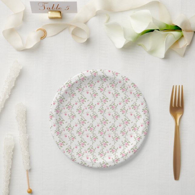Prato De Papel Padrão de Flores de Rosas Rosa Elegante (Casamento)