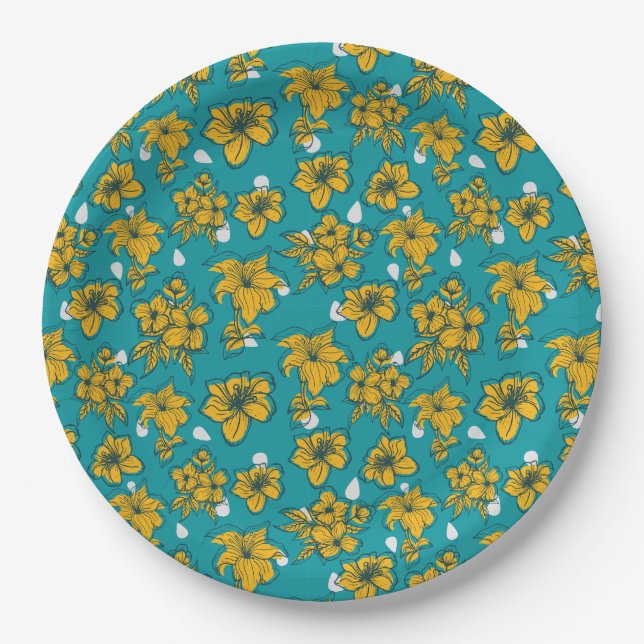 Prato De Papel Padrão de Flores de Teal Amarelo (Frente)