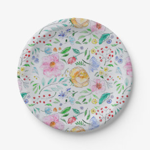 Prato De Papel Padrão de Flores e Botões de Aquarela Leve e Bonit