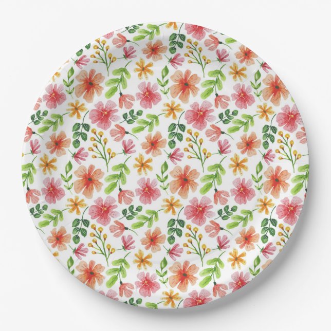Prato De Papel Padrão de Flores Rosa em Aquarela (Frente)