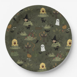 Prato De Papel Padrão de Floresta Assombrada de Halloween