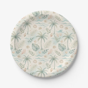 Prato De Papel Padrão de Folha de Palmeira Tropical em Aquarela