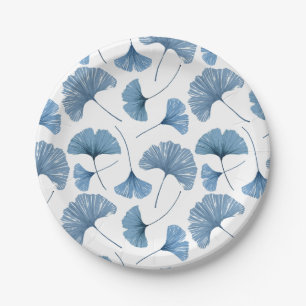 Prato De Papel Padrão de Folhagem de Gingko Azul e Branco