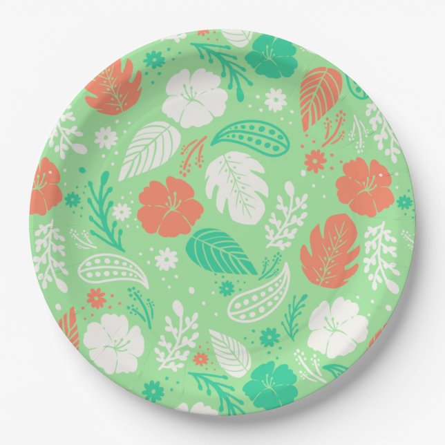 Prato De Papel Padrão de Folhagem Tropical Verde e Laranja (Frente)