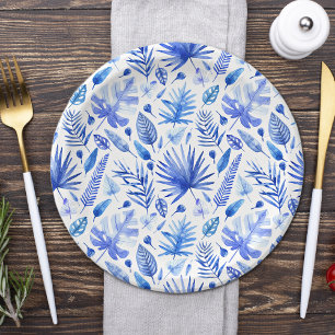 Prato De Papel Padrão de Folhas Tropicais Azul Cobalto 18cm