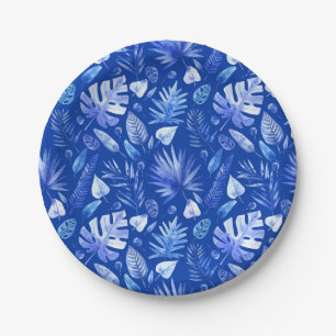 Prato De Papel Padrão de Folhas Tropicais de Cobalto Azul de 7"