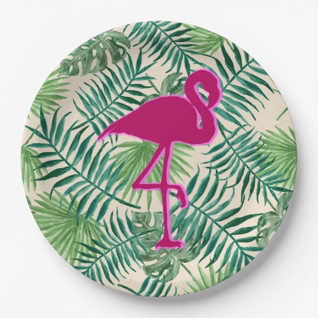 Prato De Papel Padrão de Folhas Tropicais e Flamingo Rosa (Frente)