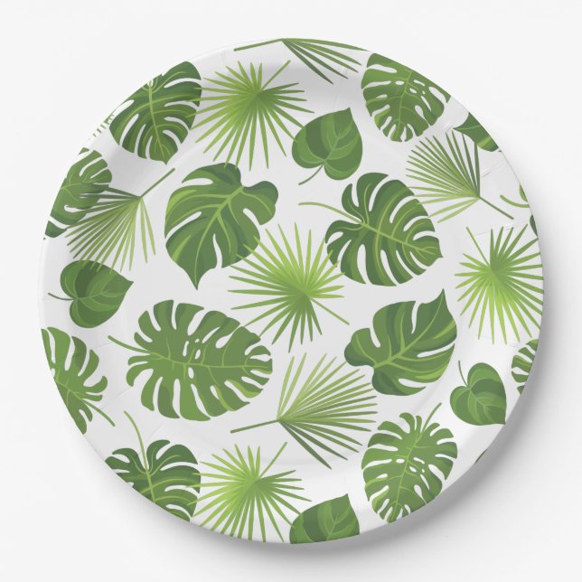 Prato De Papel Padrão de Folhas Tropicais na moda Verde (Frente)
