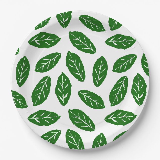 Prato De Papel Padrão de Folhas Verdes (Frente)