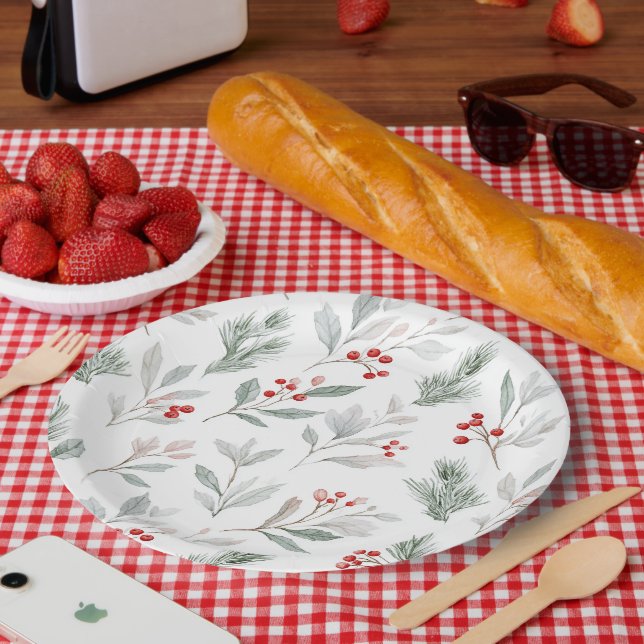 Prato De Papel Padrão de Frutas de Visco e Azevinho (Piquenique)