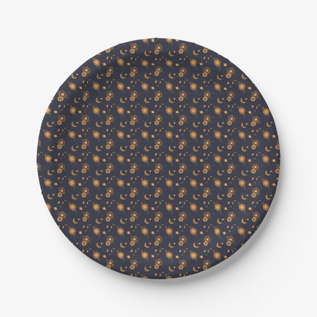Prato De Papel Padrão de galáxia lua sol celestial preto dourado (Frente)