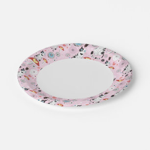 Prato De Papel padrão de gatos e flores