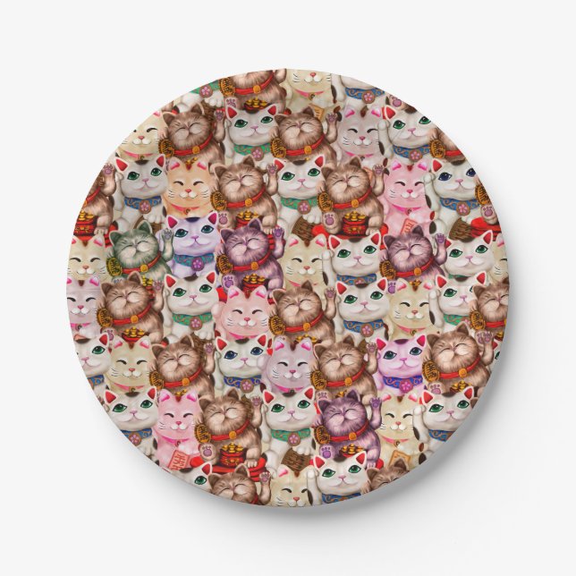 Prato De Papel Padrão de gatos Maneki-neko (Frente)