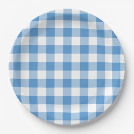 Prato De Papel Padrão de Gingham Branco e Azul Claro