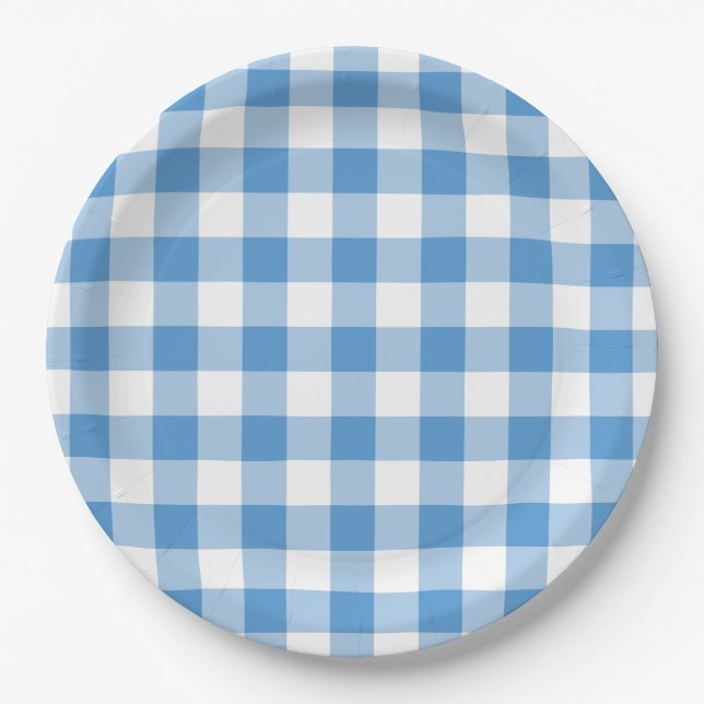 Prato De Papel Padrão de Gingham Branco e Azul Claro (Frente)