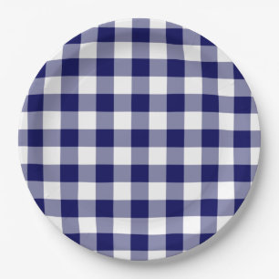 Prato De Papel Padrão de Gingham Branco e marinho