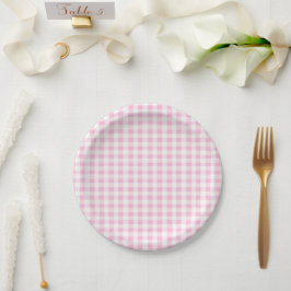 Prato De Papel Padrão de Gingham Branco e Rosa Elegante