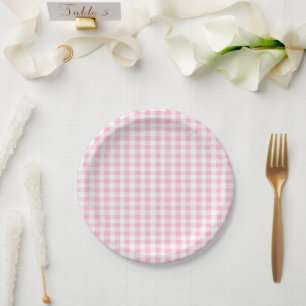 Prato De Papel Padrão de Gingham Branco e Rosa Elegante