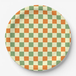 Prato De Papel Padrão de Gingham - Laranja Verde Marrom