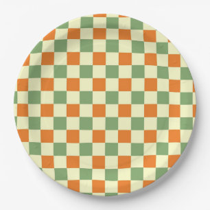 Prato De Papel Padrão de Gingham - Laranja Verde Marrom