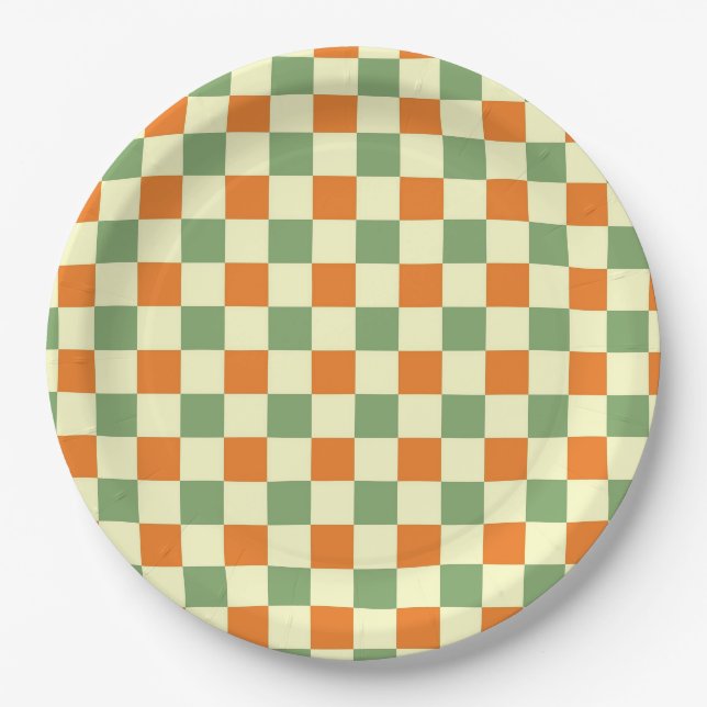 Prato De Papel Padrão de Gingham - Laranja Verde Marrom (Frente)