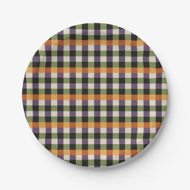 Prato De Papel Padrão de gingham preto e roxo do Halloween (Frente)