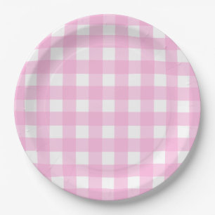 Prato De Papel Padrão de Gingham Rosa Pastel