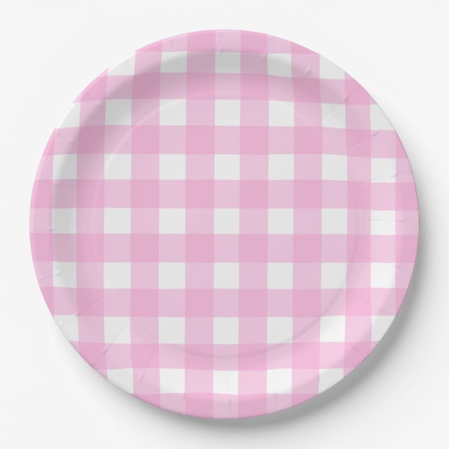 Prato De Papel Padrão de Gingham Rosa Pastel (Frente)