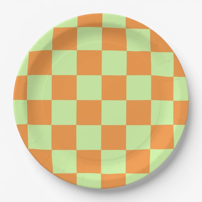 Prato De Papel Padrão de Gingham Verificado em Laranja Verde (Frente)