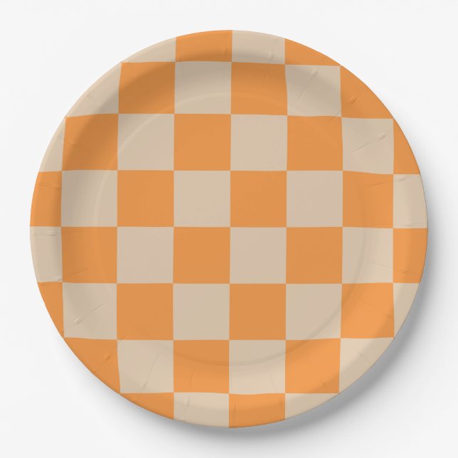 Prato De Papel Padrão de Gingham Verificado por Laranja (Frente)