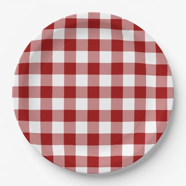 Prato De Papel Padrão de Gingham Vermelho e Branco (Frente)