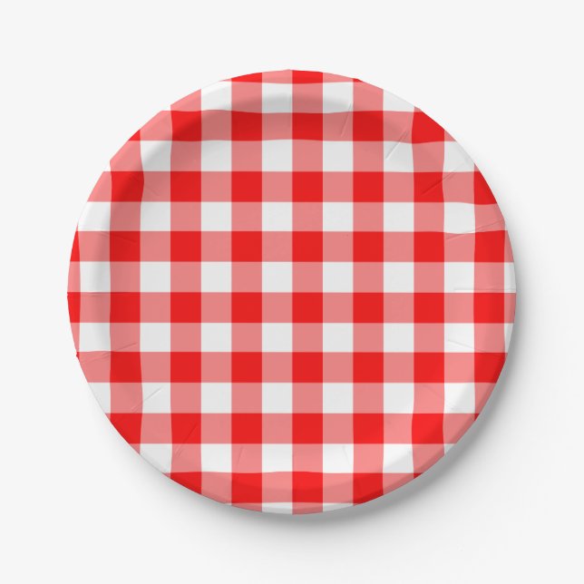 Prato De Papel Padrão de Gingham Vermelho e Branco (Frente)
