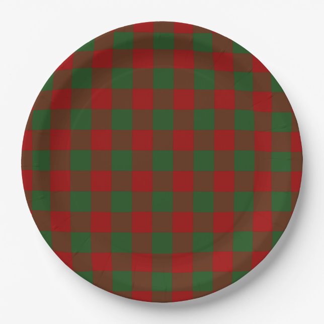 Prato De Papel Padrão de Gingham Vermelho e Verde (Frente)
