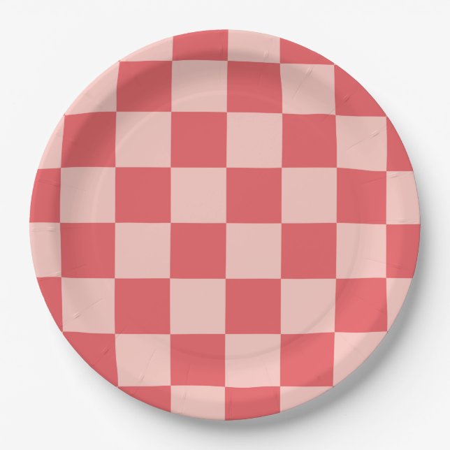 Prato De Papel Padrão de Gingham Vermelhos Rosa Verificado (Frente)