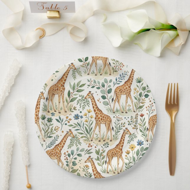 Prato De Papel Padrão de Girafa em Aquarela Fofa (Casamento)