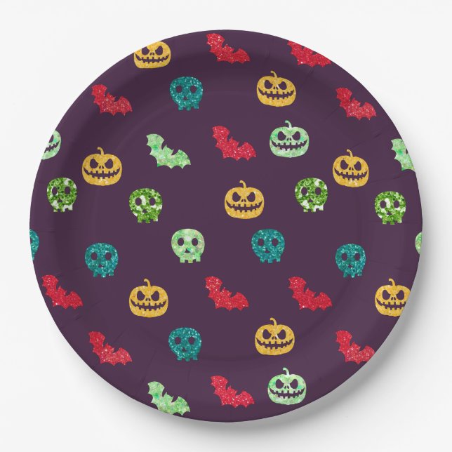 Prato De Papel Padrão de Halloween com Brilho Multicolor (Frente)