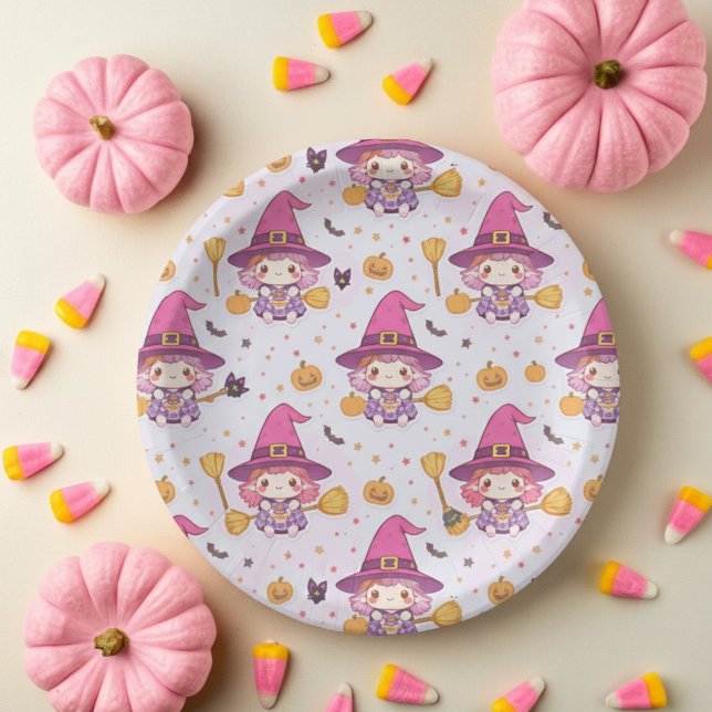 Prato De Papel Padrão de Halloween das Bruxas Bonitas com Pumpkin (Criador carregado)