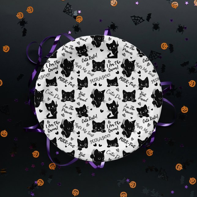 Prato De Papel Padrão de Halloween de Gato Preto Fofo para Amante (Cute Black Cats and Sayings with Hearts Pattern  for Cat Lovers and Halloween Paper Plates)