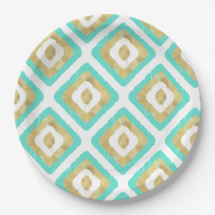 Prato De Papel Padrão de Ikat Chic Dourado e Turquoise