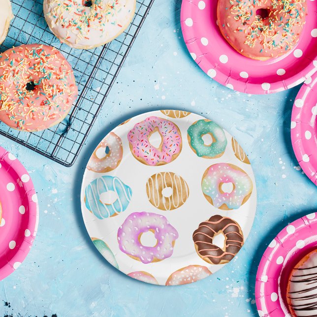 Prato De Papel Padrão de ilustração das rosquinhas doces do deser (Cute desert sweet donuts illustration pattern paper plates)