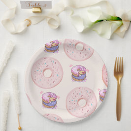 Prato De Papel Padrão de ilustração de donuts doces cor-de-rosa f