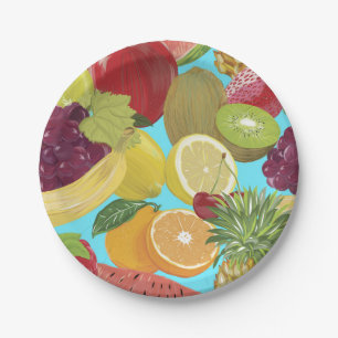 Prato De Papel Padrão de Ilustração de Frutas Tropicais Mistas