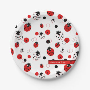 Prato De Papel Padrão de Ladybug vermelho, preto e branco simple