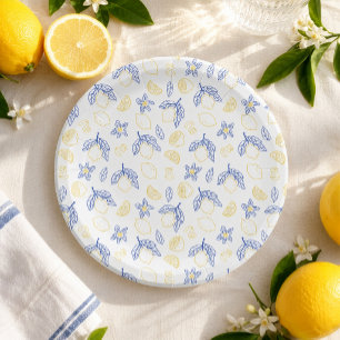 Prato De Papel Padrão de limão cítrico azul e amarelo