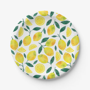 Prato De Papel Padrão de Limão de Aquarela Amarela