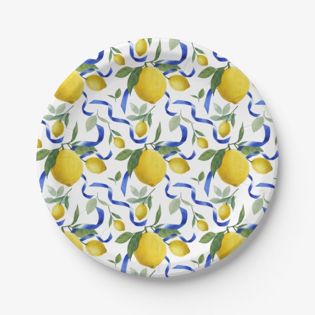 Prato De Papel Padrão de Limão de Azulejo Italiano com Aquarela (Frente)